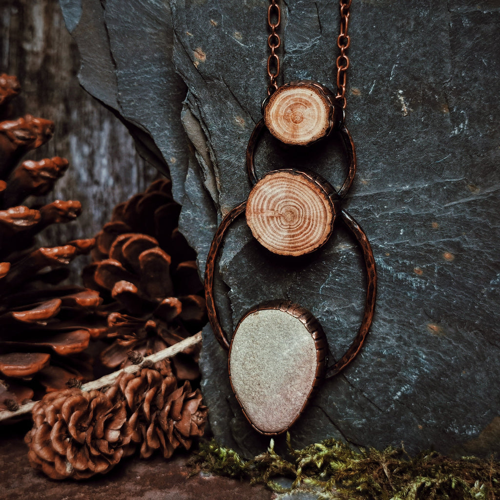 Photograph of Pendant III from the Maven Flux Sticks & Stones Collection including detail in the chain. Beautifully crafted from nature.