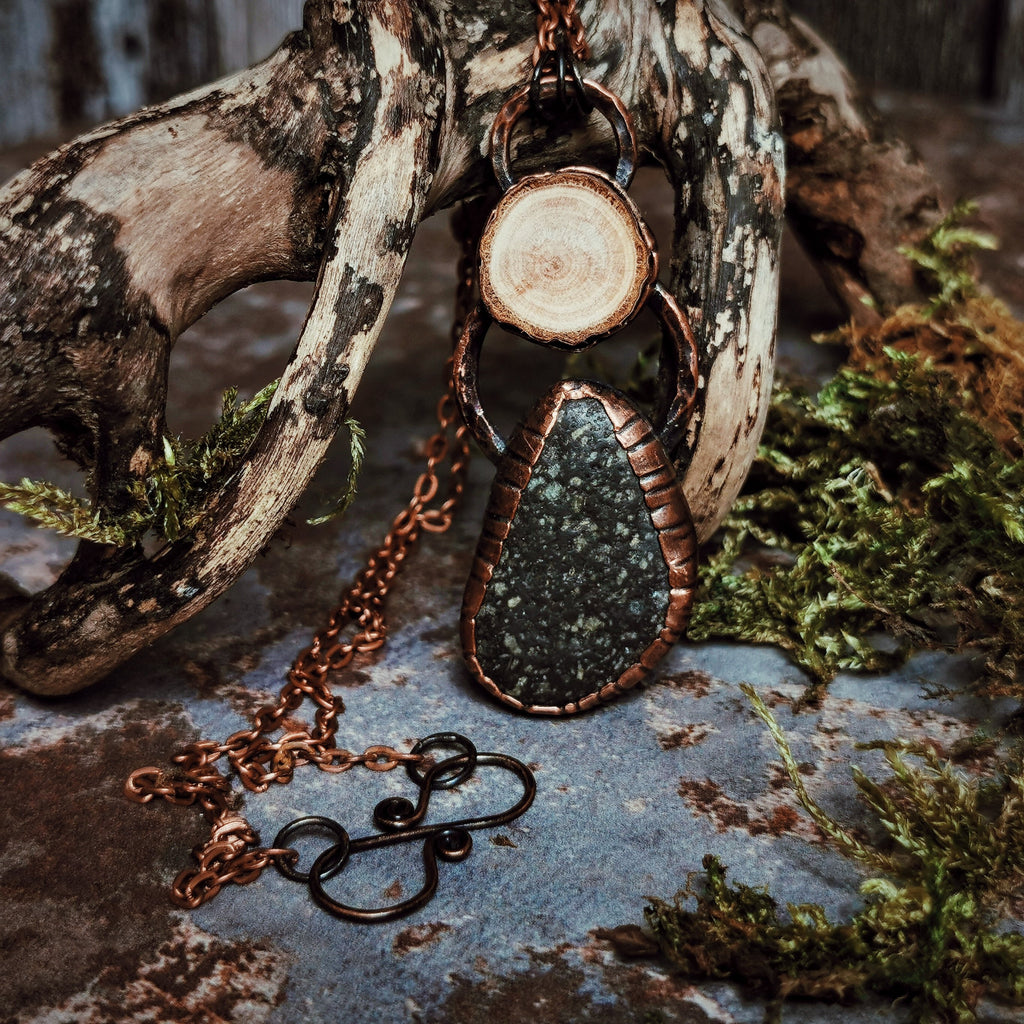 Photograph of Pendant IV from the Maven Flux Sticks & Stones Collection including detail in the chain. Beautifully crafted from nature.