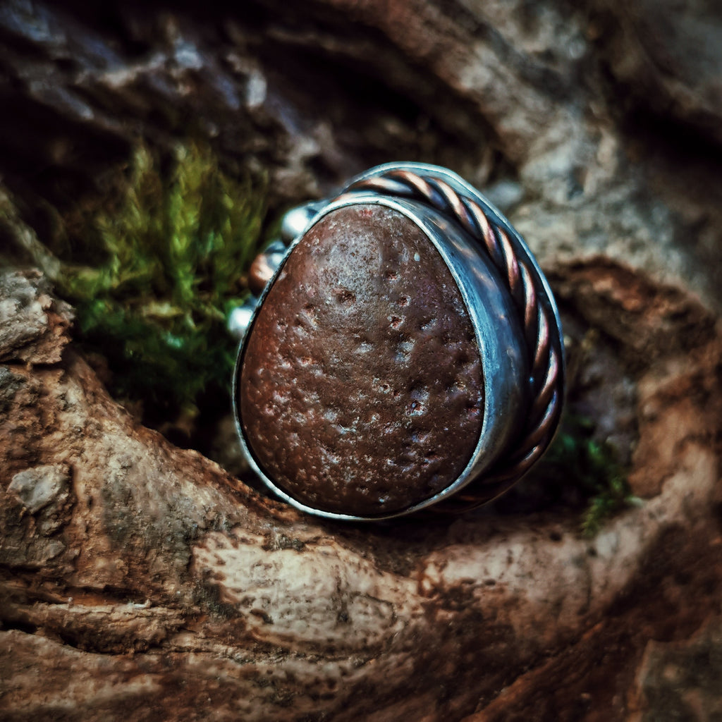 Photograph of Ring III from the Maven Flux Sticks & Stones Collection including detail in the engraving and setting. Beautifully crafted from nature.