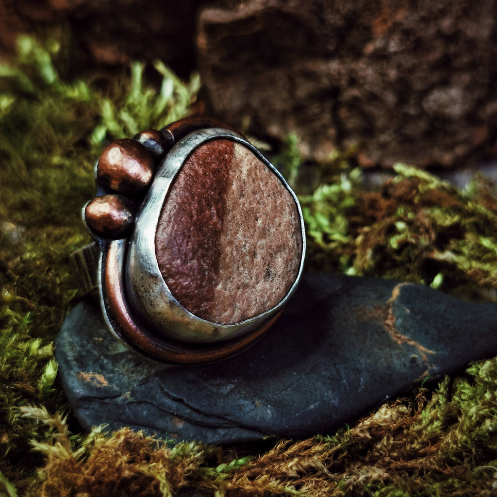 Photograph of Ring IV from the Maven Flux Sticks & Stones Collection including detail in the engraving and setting. Beautifully crafted from nature.